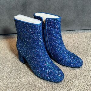 Women’s Blue Glitter Covered Sparkly Chunky Heeled Boots Size 6.5 NEW